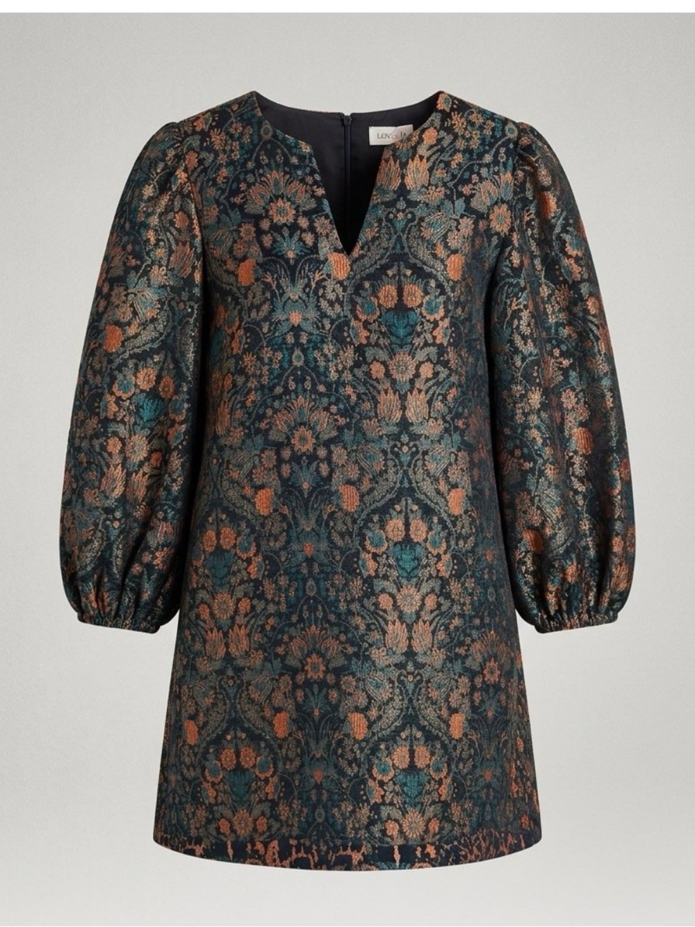 LOVELO / Teal and Copper Metallic Floral Puff-Sleeve dress/ Ptp-19”/ NWT